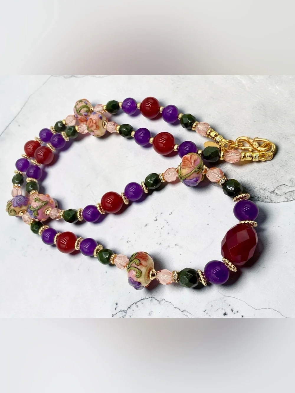 Artisan Handmade Amethyst Carnelian Lampwork Floral Necklace 20” Gold Floral Lux - Picture 14 of 17
